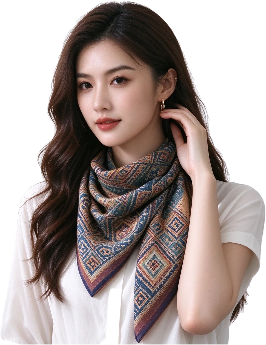 Model wearing a handwoven Zhuang brocade silk scarf