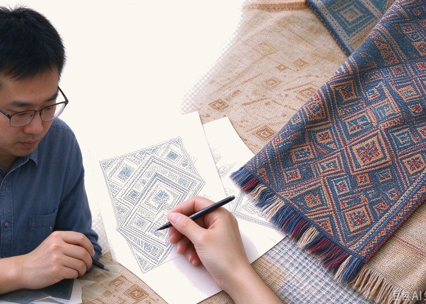 Designers drawing Zhuang brocade motifs beside woven brocade samples